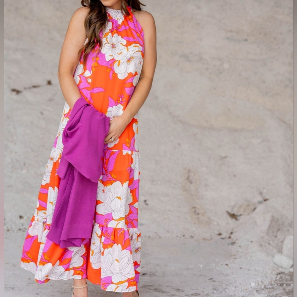 Betsy's Boutique Sketched Floral Halter Maxi Dress Orange Pink White Meduim